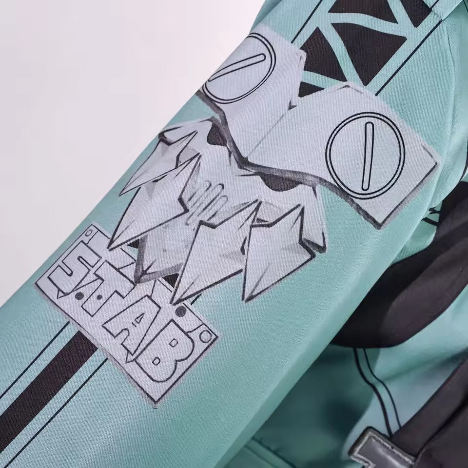 Close-up of Jane Doe cosplay sleeve showing character-accurate graphics and premium printed details.
