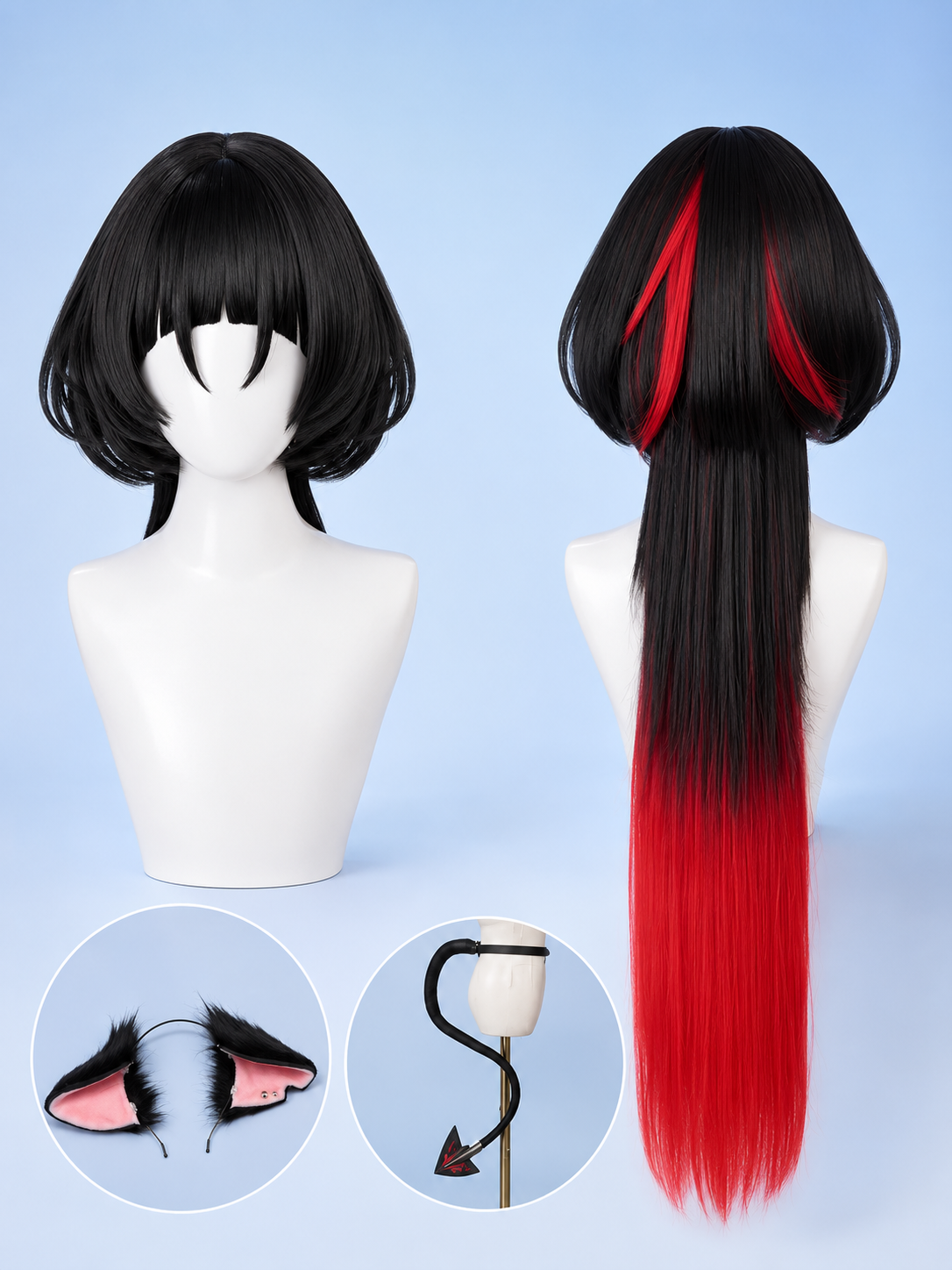 Jane Doe cosplay wig front view with black bob hairstyle and signature red accents from Zenless Zone Zero.
