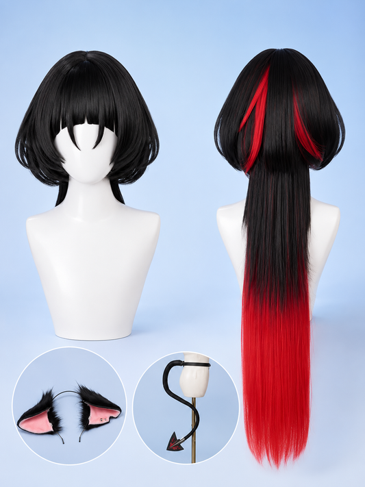 Jane Doe cosplay wig front view with black bob hairstyle and signature red accents from Zenless Zone Zero.
