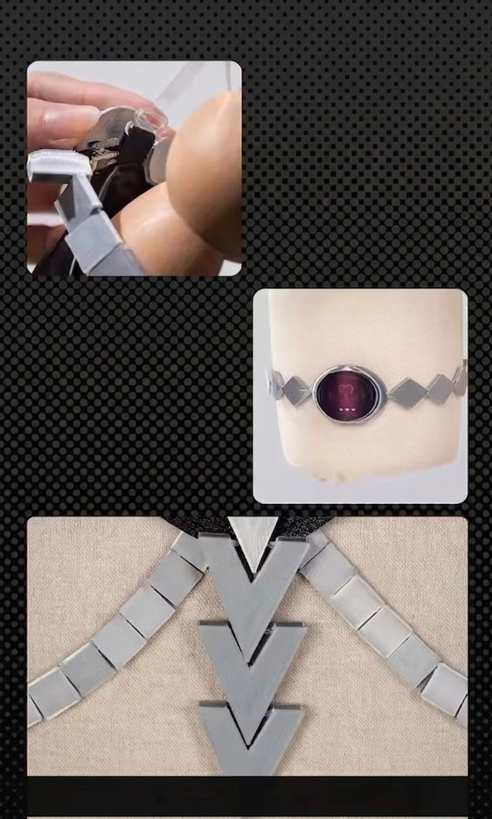 Collage of a silver bracelet with a purple gemstone on a black background