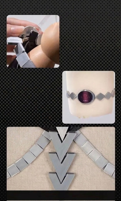 Collage of a silver bracelet with a purple gemstone on a black background