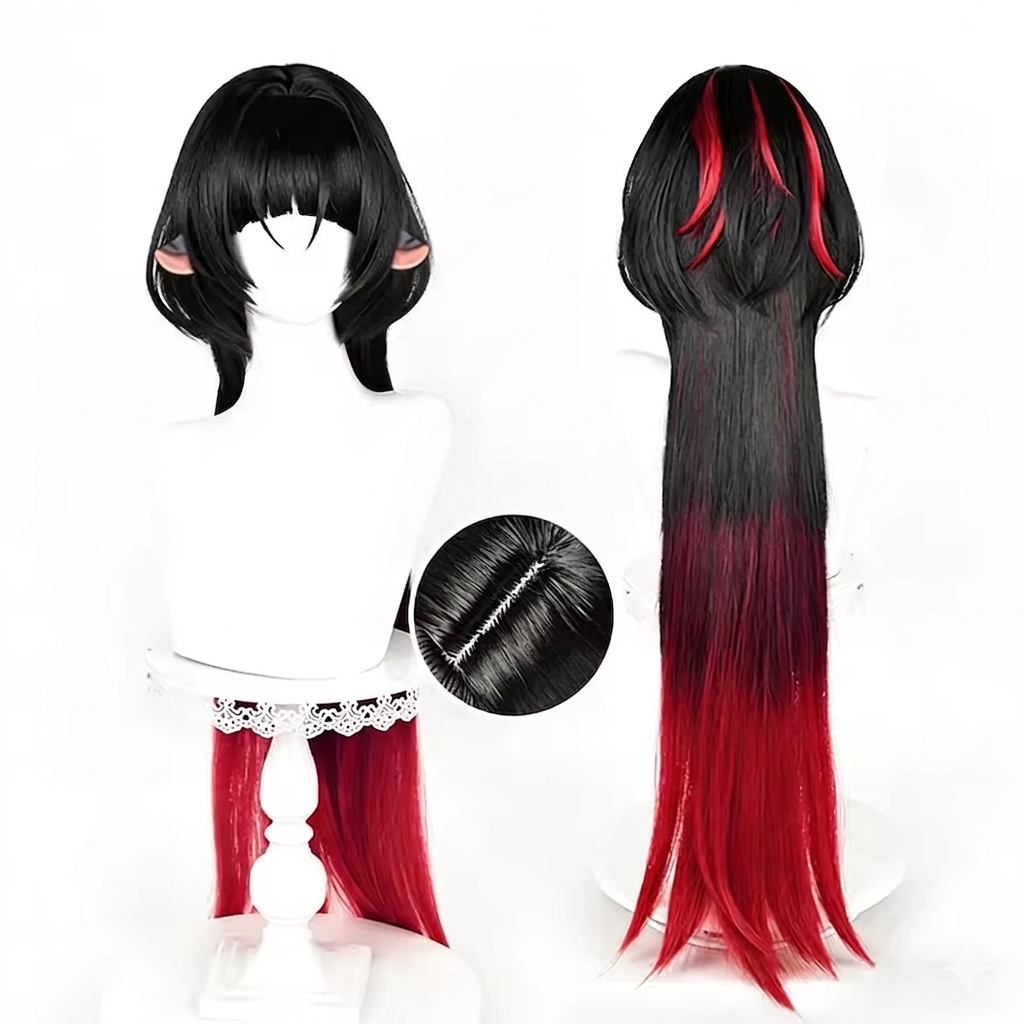Black and red wig with a close-up of the hairline on a white background