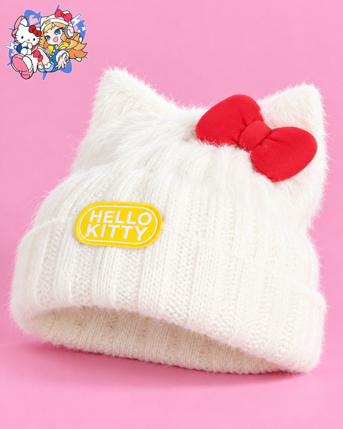 White knitted cat-ear hat for Juno's Hello Kitty costume with a red bow and yellow character patch