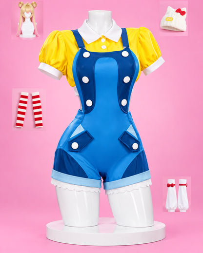 Juno Overwatch 2 Hello Kitty costume set with blue overalls, blonde wig, bow hat, arm warmers and leg guards