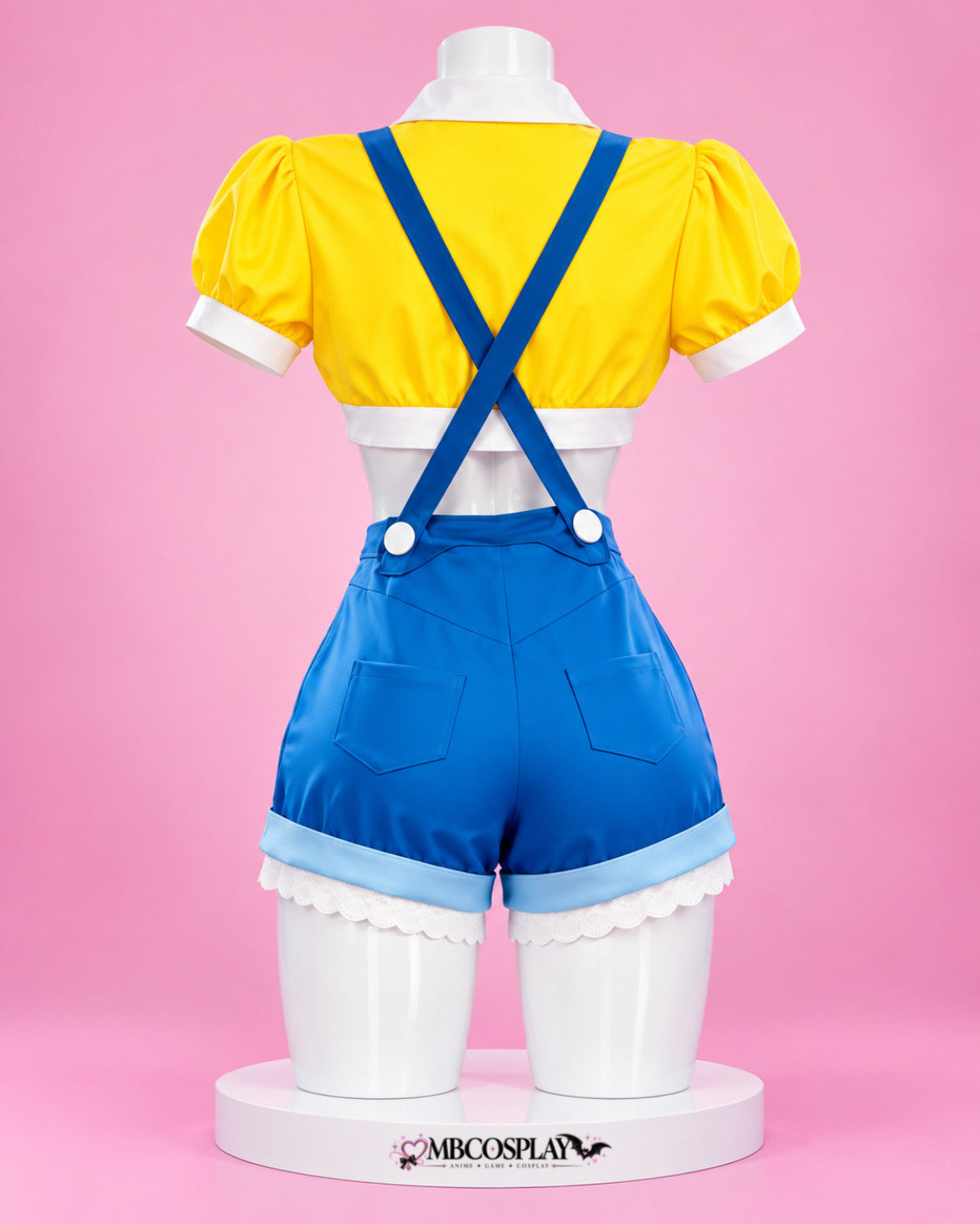 Back view of the Juno Hello Kitty cosplay outfit showing crossed blue straps and lace-trim overall shorts