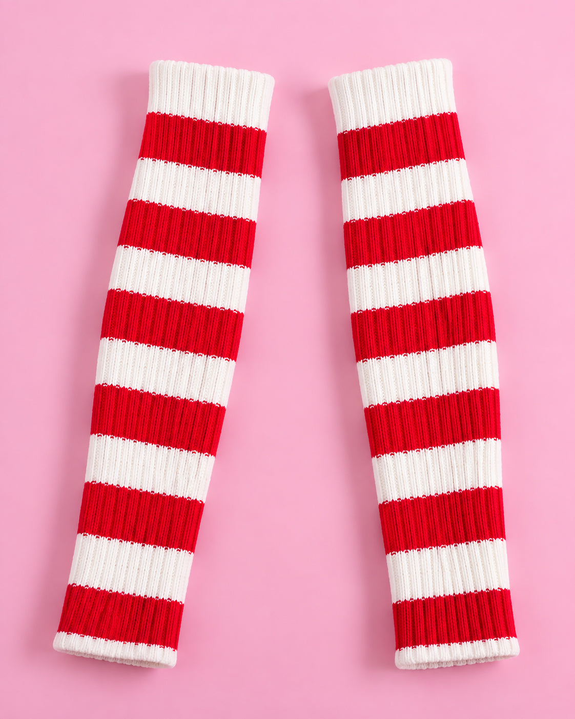 Red and white striped knitted arm warmers for the Juno Hello Kitty Overwatch 2 costume