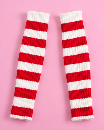 Red and white striped knitted arm warmers for the Juno Hello Kitty Overwatch 2 costume