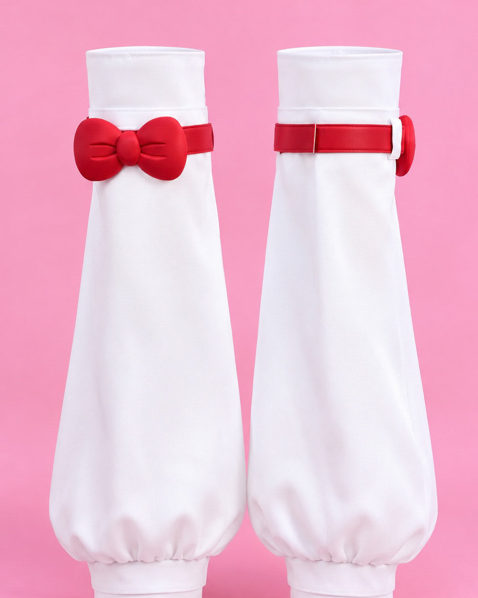 White Juno cosplay leg guards shown from the front and back with red bow and strap details