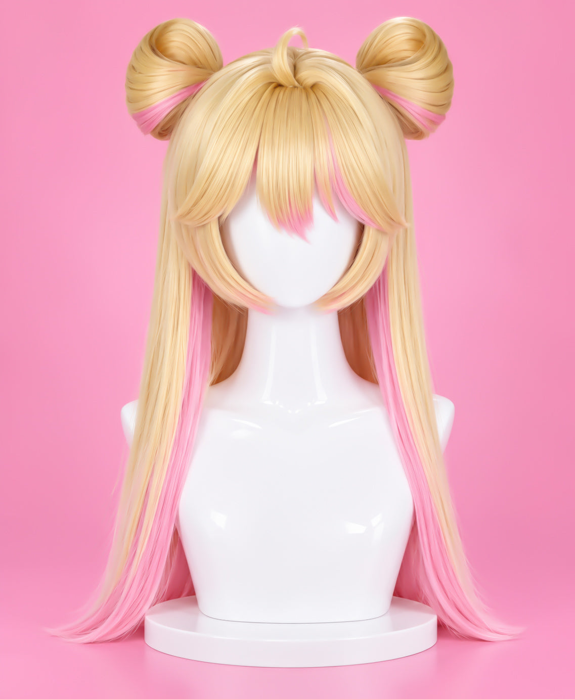 Juno cosplay wig for the Overwatch 2 Hello Kitty look with long blonde hair, pink streaks and twin buns