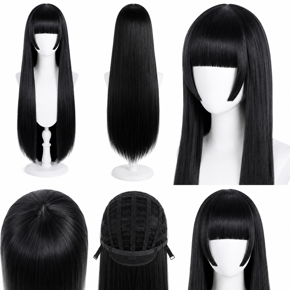 Long black wig front back and cap details for Kakegurui Yumeko Jabami Cosplay Wig – Long Black Blunt Bangs