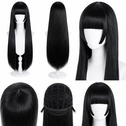 Long black wig front back and cap details for Kakegurui Yumeko Jabami Cosplay Wig – Long Black Blunt Bangs