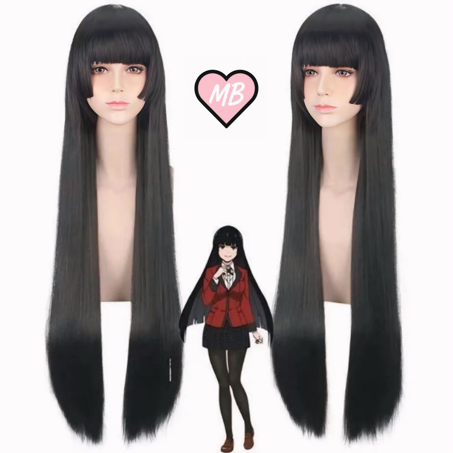 Two mannequin heads showing an extremely long, straight, black cosplay wig. The wig features full, straight bangs and long face-framing pieces, specifically styled for the character Yumeko Jabami from Kakegurui.