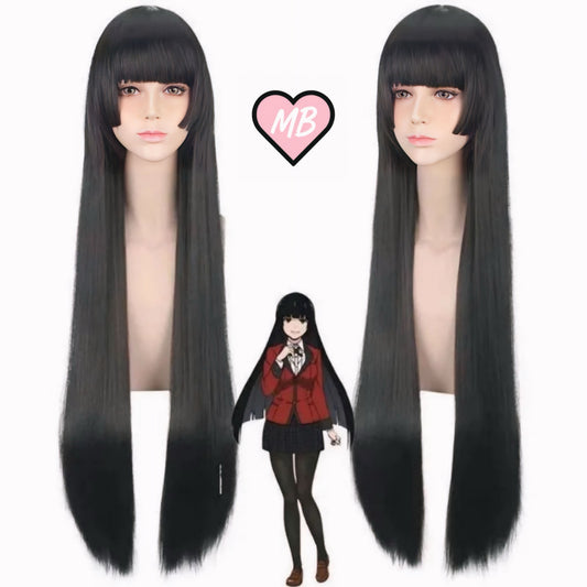 Two mannequin heads showing an extremely long, straight, black cosplay wig. The wig features full, straight bangs and long face-framing pieces, specifically styled for the character Yumeko Jabami from Kakegurui.
