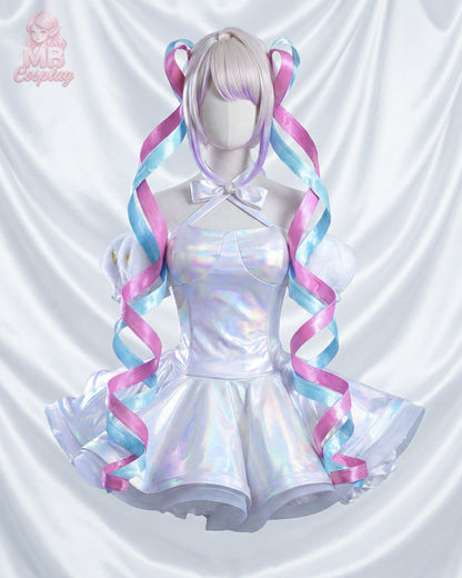 Close-up of KAngel iridescent laser pleated skirt and pink ribbon accents