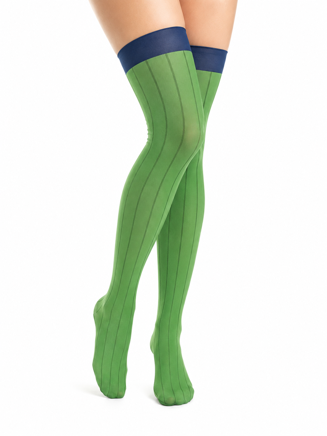 Green ribbed thigh-high socks with a navy blue top band, shown on a model's legs against a white background Mitsuri demon slayer socks