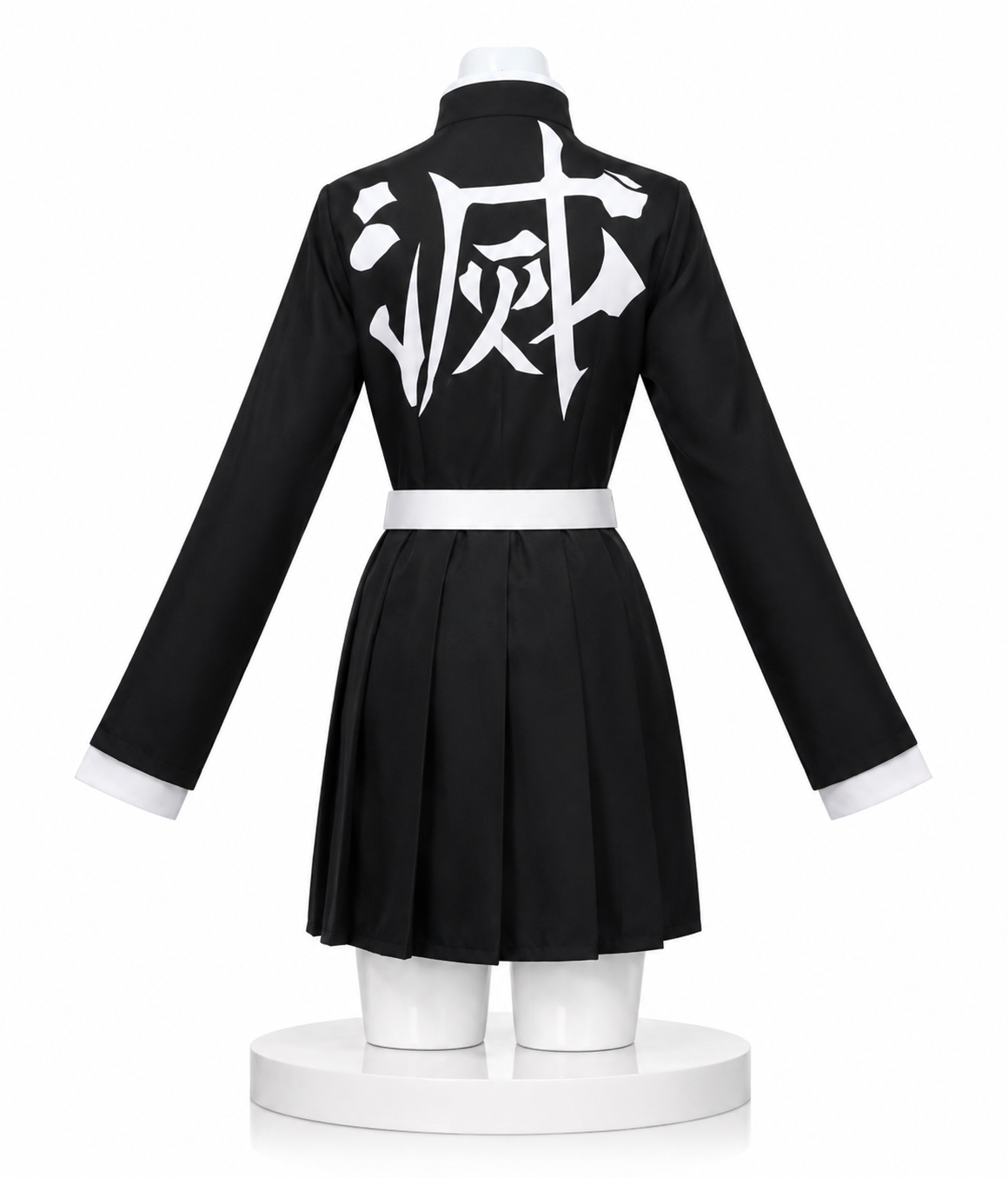 Rear view of Kanroji Mitsuri Demon Slayer cosplay costume showing the official Demon Slayer Corps kanji on the back, white haori and complete anime-accurate cosplay outfit inspired by Mitsuri Kanroji.