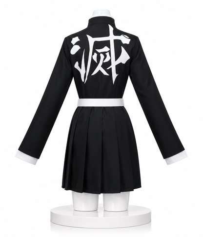 Rear view of Kanroji Mitsuri Demon Slayer cosplay costume showing the official Demon Slayer Corps kanji on the back, white haori and complete anime-accurate cosplay outfit inspired by Mitsuri Kanroji.