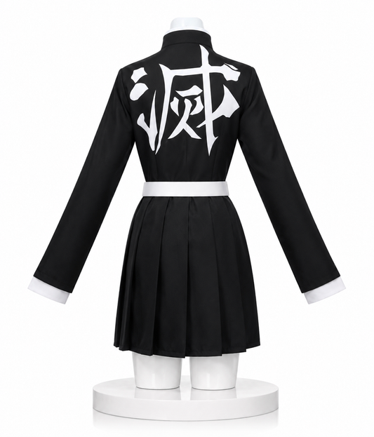 Rear view of Kanroji Mitsuri Demon Slayer cosplay costume showing the official Demon Slayer Corps kanji on the back, white haori and complete anime-accurate cosplay outfit inspired by Mitsuri Kanroji.