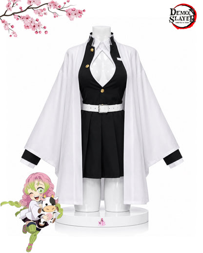 Kanroji Mitsuri Demon Slayer cosplay costume full set featuring the iconic white haori, black Demon Slayer Corps uniform, pleated skirt, white belt and authentic Love Hashira design. Premium anime cosplay costume with optional wig from MBCosplay.