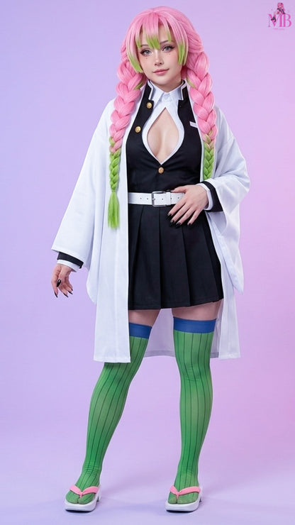 Kanroji Mitsuri Demon Slayer cosplay costume full set with optional pink and green braided wig, front full body view featuring the Love Hashira uniform, white haori, thigh-high socks and sandals.