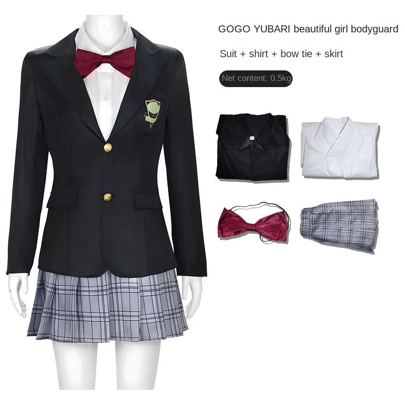 Full Gogo Yubari cosplay costume set including blazer, shirt, bow tie, and plaid skirt