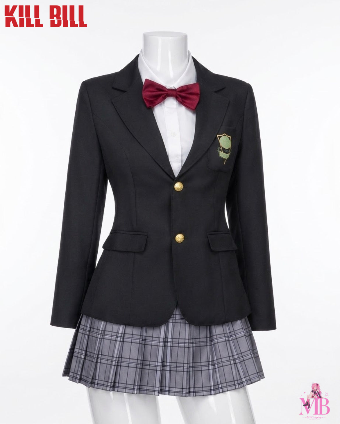 Kill Bill Gogo Yubari Uniform Cosplay costume & wig black blazer plaid skirt and red bow uniform front view