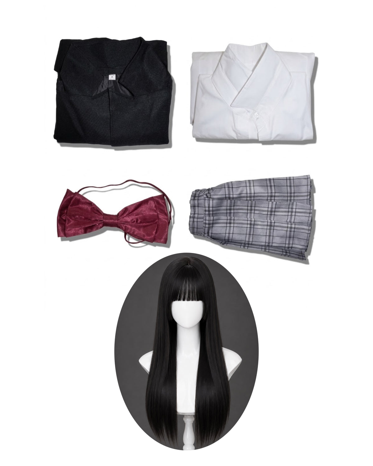 Kill Bill Gogo Yubari Uniform Cosplay costume & wig costume set flat lay with blazer shirt skirt bow and wig