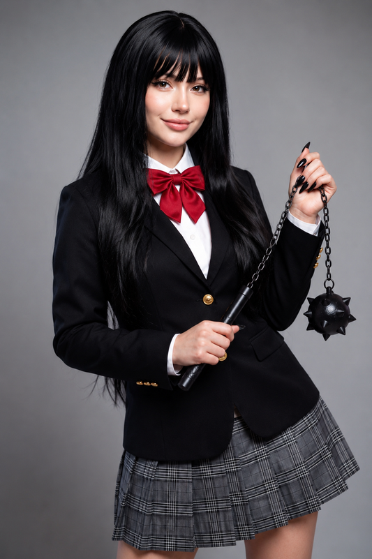 Kill Bill Gogo Yubari Uniform Cosplay costume & wig - model wearing school uniform with prop