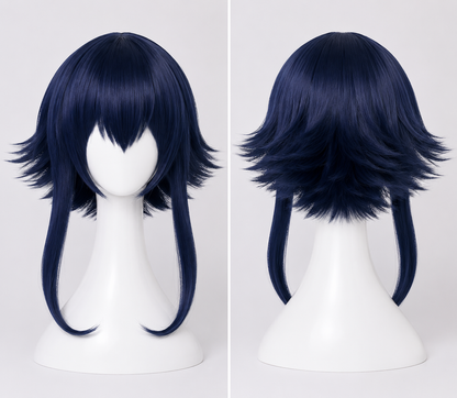 Back view of the League of Legends Neeko The Curious Chameleon cosplay wig showcasing a layered navy blue bob with vivid purple gradient tips, textured feathered ends and premium synthetic fibres, displayed on the MBCosplay signature white mannequin bust with professional commercial studio lighting.