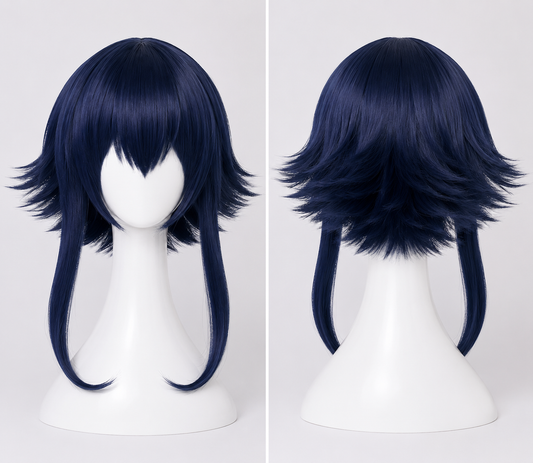 Back view of the League of Legends Neeko The Curious Chameleon cosplay wig showcasing a layered navy blue bob with vivid purple gradient tips, textured feathered ends and premium synthetic fibres, displayed on the MBCosplay signature white mannequin bust with professional commercial studio lighting.