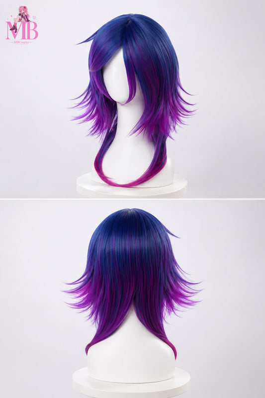League of Legends Neeko The Curious Chameleon cosplay wig featuring a short layered navy blue bob with vibrant purple gradient tips, face-framing strands and feathered anime styling, displayed on the MBCosplay signature white mannequin bust in premium commercial studio lighting.
