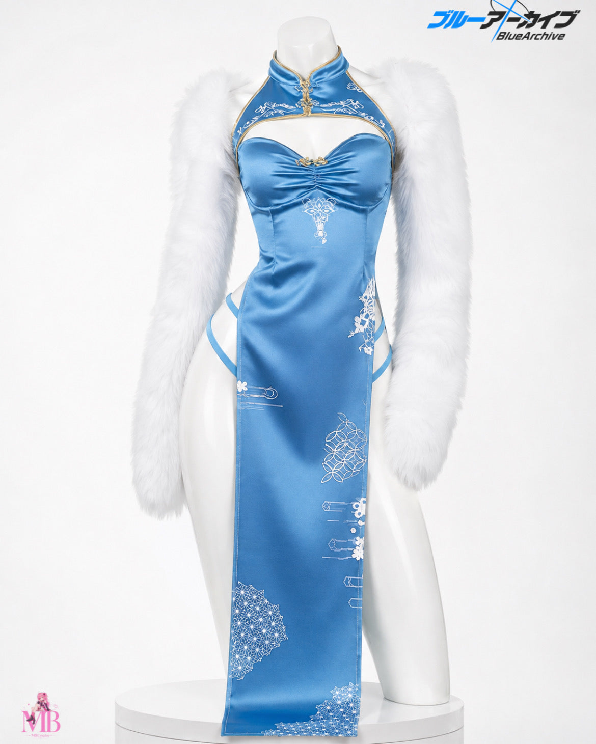 LIMITED Blue Archive Cheongsam Ichinose Asuna Cosplay Costume blue satin cheongsam front view with white fur sleeves
