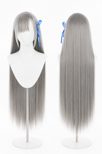 LIMITED Blue Archive Cheongsam Ichinose Asuna Cosplay Costume long silver-grey wig with blue ribbon shown front and back