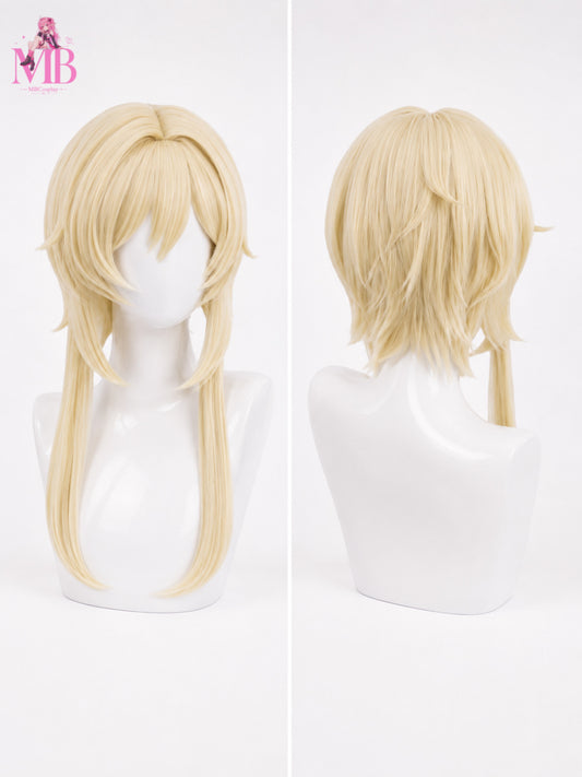 Lumine Cosplay Wig – Genshin Impact Traveler Blonde Wig | Front and Back View on Premium White Mannequin Bust | MBCosplay
