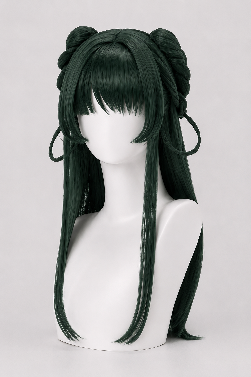 The Apothecary Diaries Maomao cosplay wig with braided side buns, long straight dark green hair and anime fringe professionally displayed on the MBCosplay white mannequin bust.
