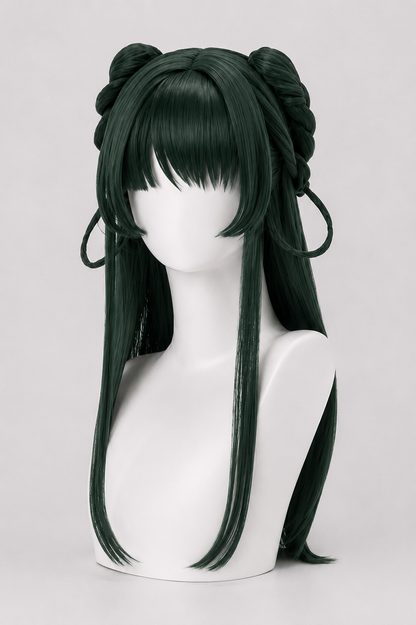 The Apothecary Diaries Maomao cosplay wig with braided side buns, long straight dark green hair and anime fringe professionally displayed on the MBCosplay white mannequin bust.