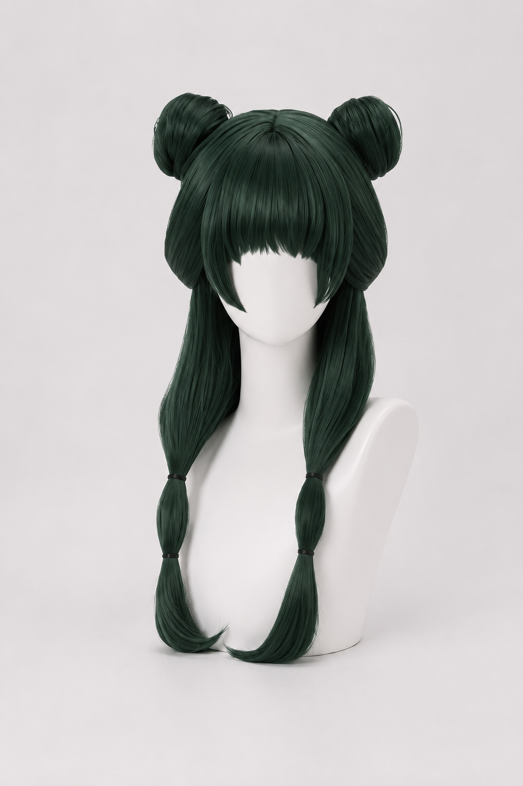 Maomao cosplay wig from The Apothecary Diaries featuring dark green twin buns, straight fringe and twin tail styling on the MBCosplay signature mannequin in commercial-quality studio photography.