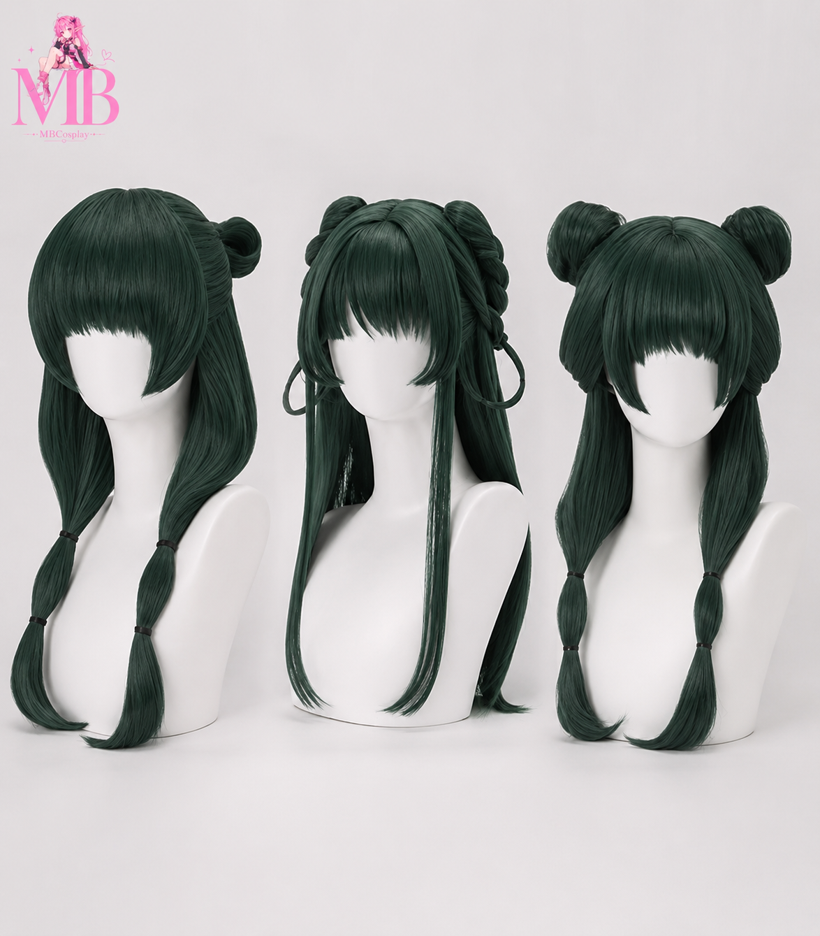 Maomao cosplay wig from The Apothecary Diaries featuring dark green twin low ponytails, straight full fringe and long face-framing sections displayed on the MBCosplay signature white mannequin bust in premium studio lighting.