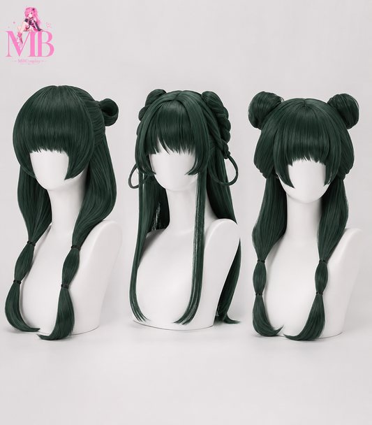Maomao cosplay wig from The Apothecary Diaries featuring dark green twin low ponytails, straight full fringe and long face-framing sections displayed on the MBCosplay signature white mannequin bust in premium studio lighting.