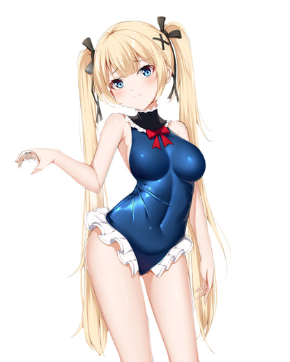 Anime character with blonde hair and blue eyes wearing a blue dress with a red bow on a white background