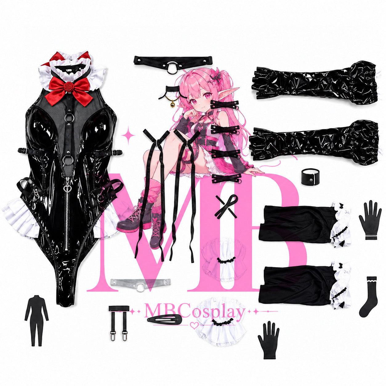 Marie Rose Twinkle Rose costume full set with bodysuit, gloves, stockings, collar, cuffs and ties