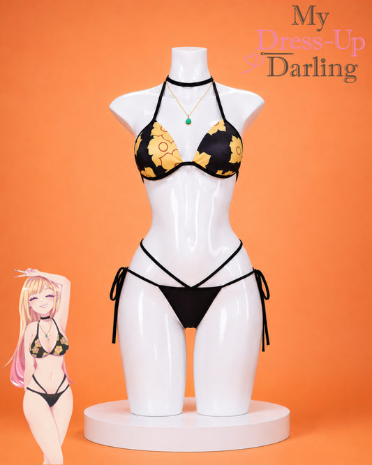     Front view of Marin Kitagawa black floral bikini cosplay swimsuit from My Dress-Up Darling with necklace and choker.