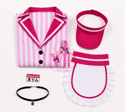 Marin Kitagawa maid costume flat lay with striped dress, apron, visor, name badge and necklace