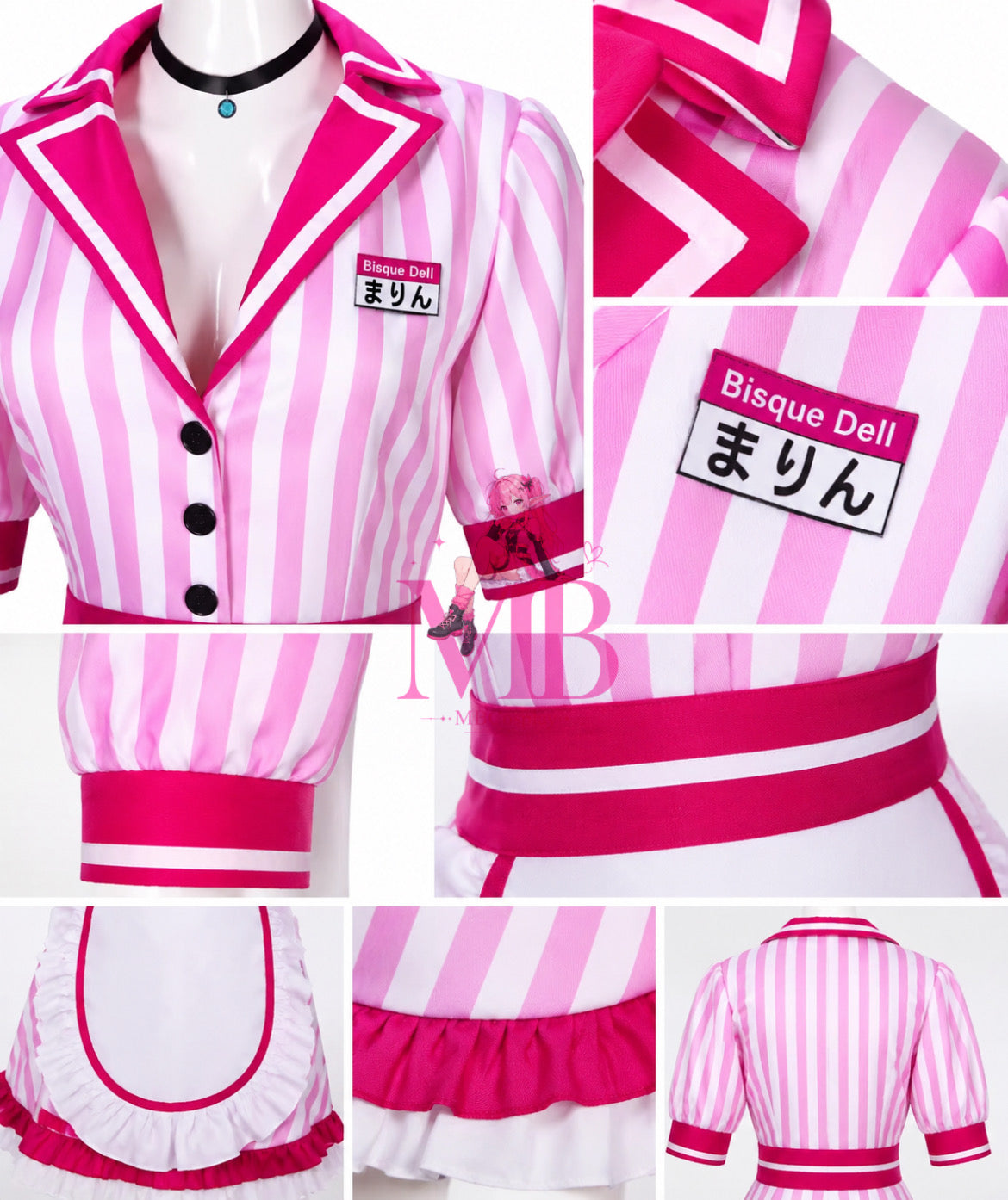 Marin Kitagawa pink maid costume detail collage showing collar, badge, cuffs, apron and back