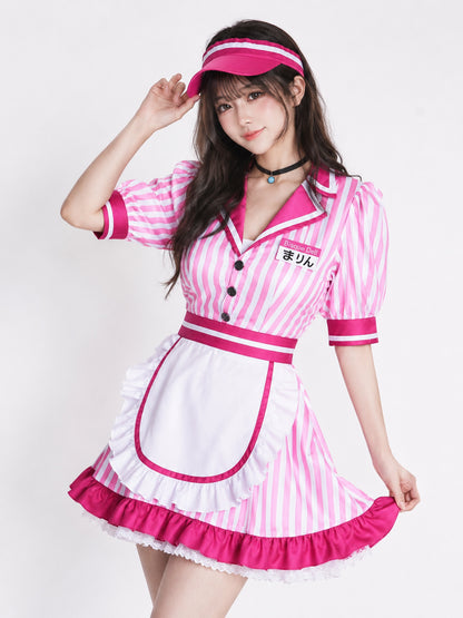 Model wearing the Marin Kitagawa pink striped maid costume with white apron and visor