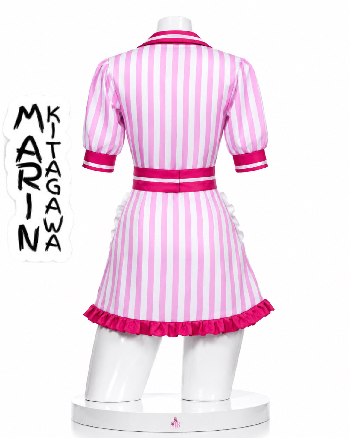 Back view of the Marin Kitagawa pink striped waitress dress on a mannequin