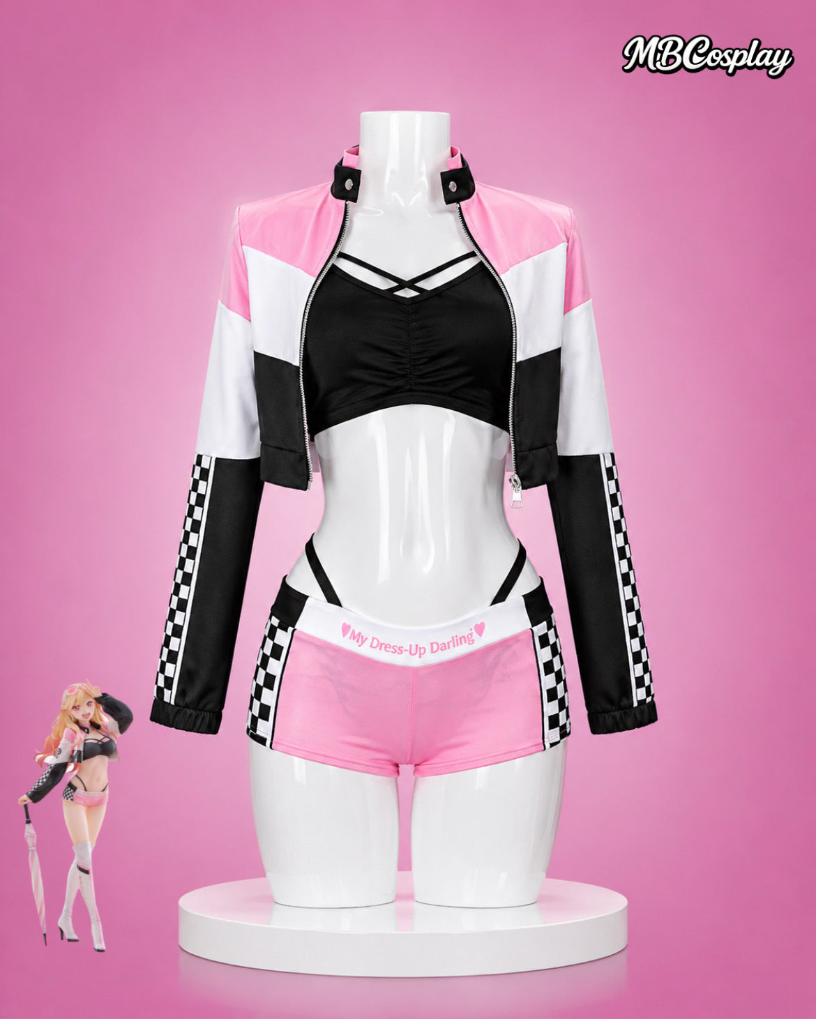 Cosplay costume set on a mannequin against a pink background with MB Cosplay branding.