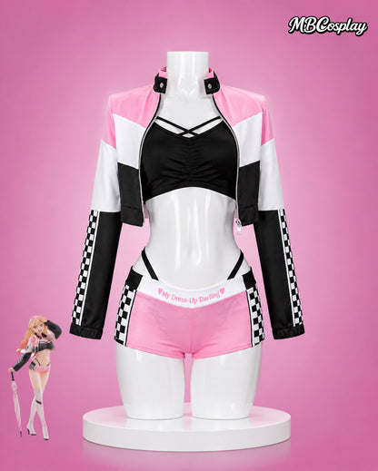 Cosplay costume set on a mannequin against a pink background with MB Cosplay branding.