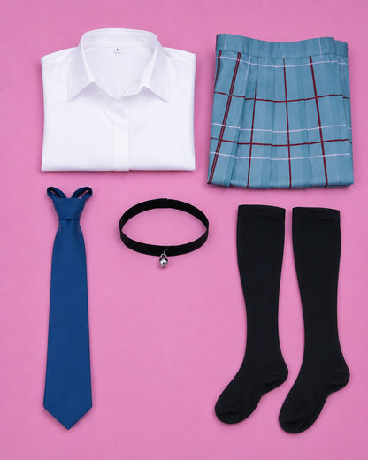 Marin Kitagawa Uniform Cosplay – My Dress-Up Darling JK School Uniform Costume Set school uniform set flat lay with shirt skirt tie choker and socks