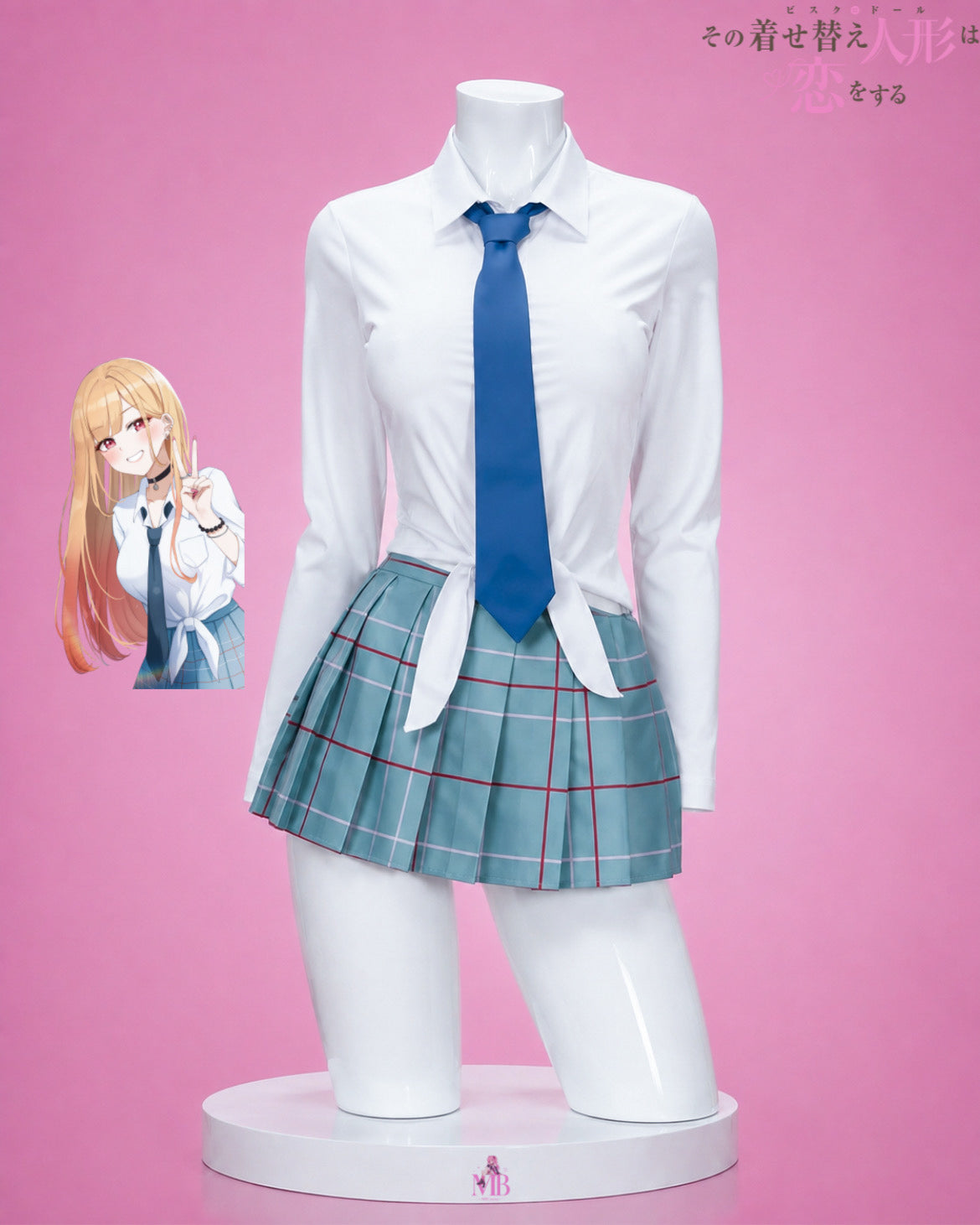 Marin Kitagawa Uniform Cosplay – My Dress-Up Darling JK School Uniform Costume Set white shirt blue tie and plaid skirt uniform front view
